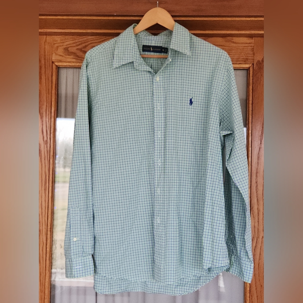 Ralph Lauren Men's Blue-Green Plaid Long Sleeve Button Down | XL | Western Logo